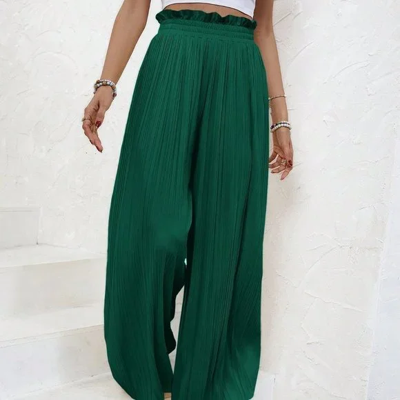 Green Boho Womens Paperbag Waist Pleated Wide Leg Pants - Picture 5 of 5